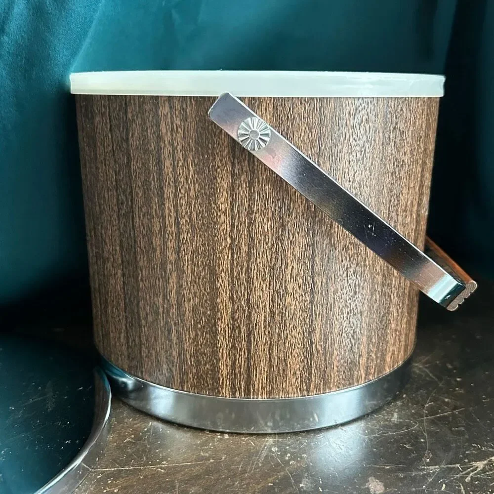 Mid-Century Atapco USA Chrome Woodgrain Ice Bucket